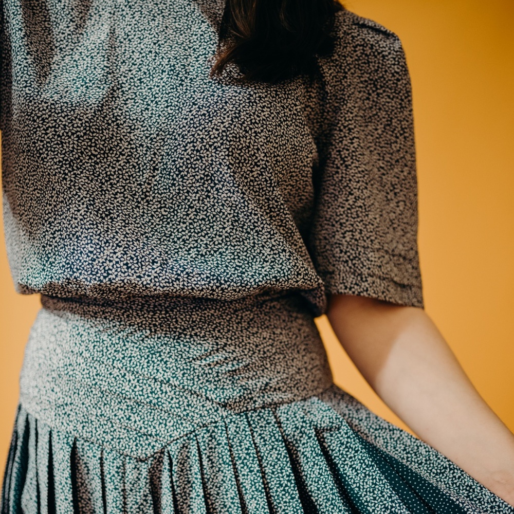 1980's B.G.B. Petites Blue and White Pleated Dress